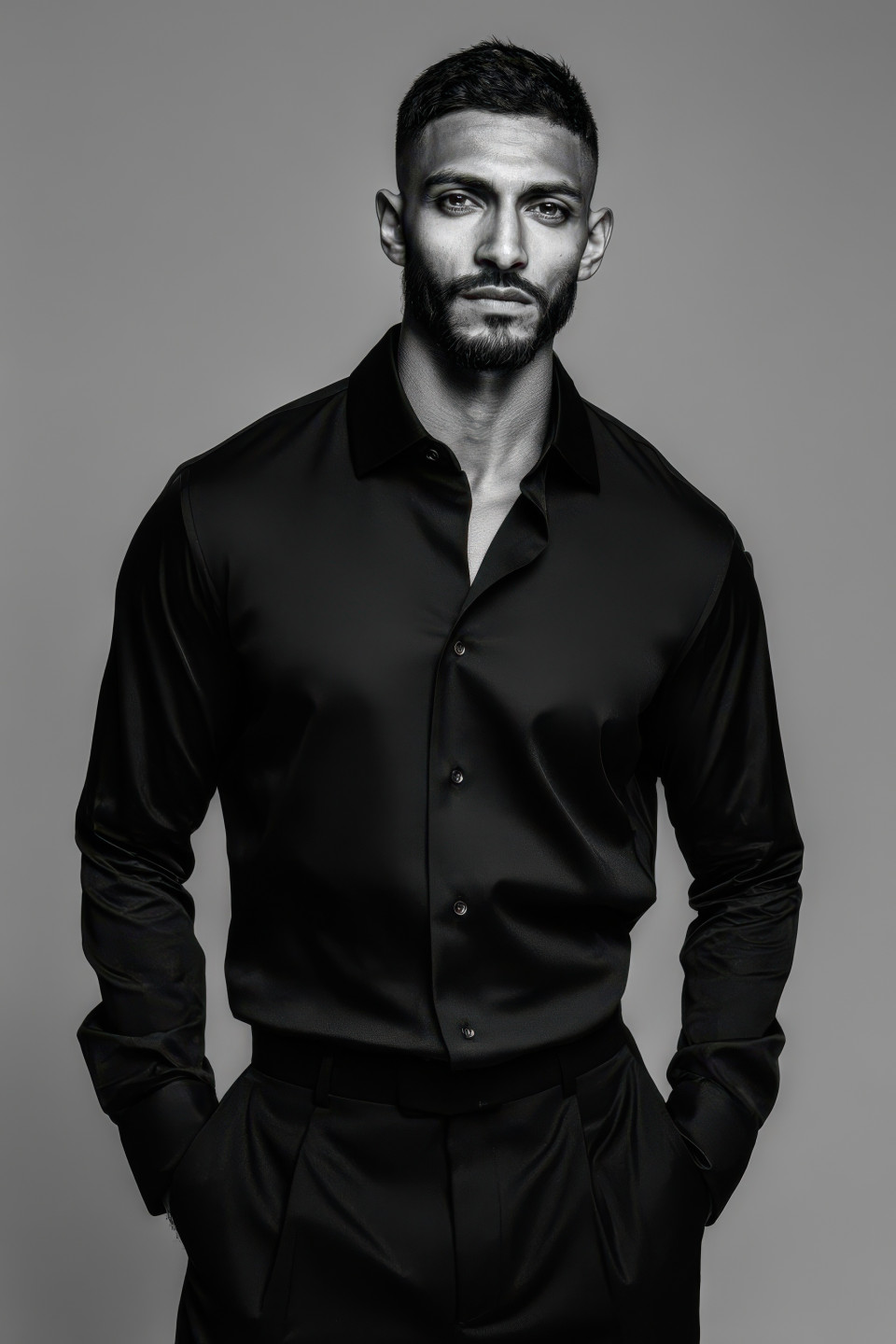 Male model in black shirt and trousers looks straight ahead, soft contrast on grey, balanced tone, minimalist fashion prompt, monochrome midjourney prompt