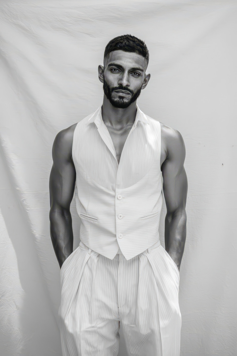 Androgynous model in white vest stands still, rim lighting on off-white paper, sharp texture, minimalist fashion prompt, monochrome midjourney prompt