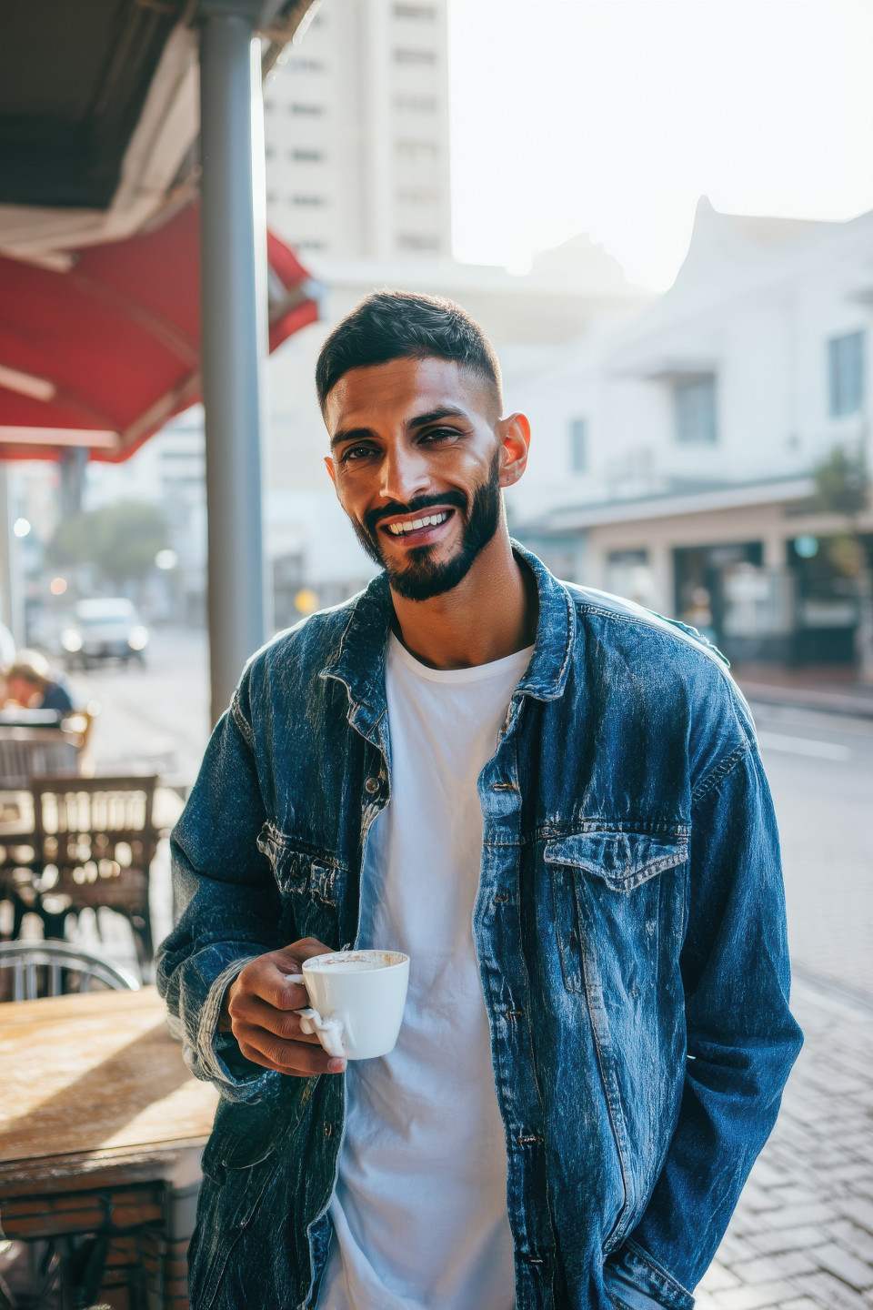 Smiling man in denim jacket holds coffee mug at café table, soft city light and candid mood, lifestyle photography prompt, ai lifestyle image, chatgpt photo prompt