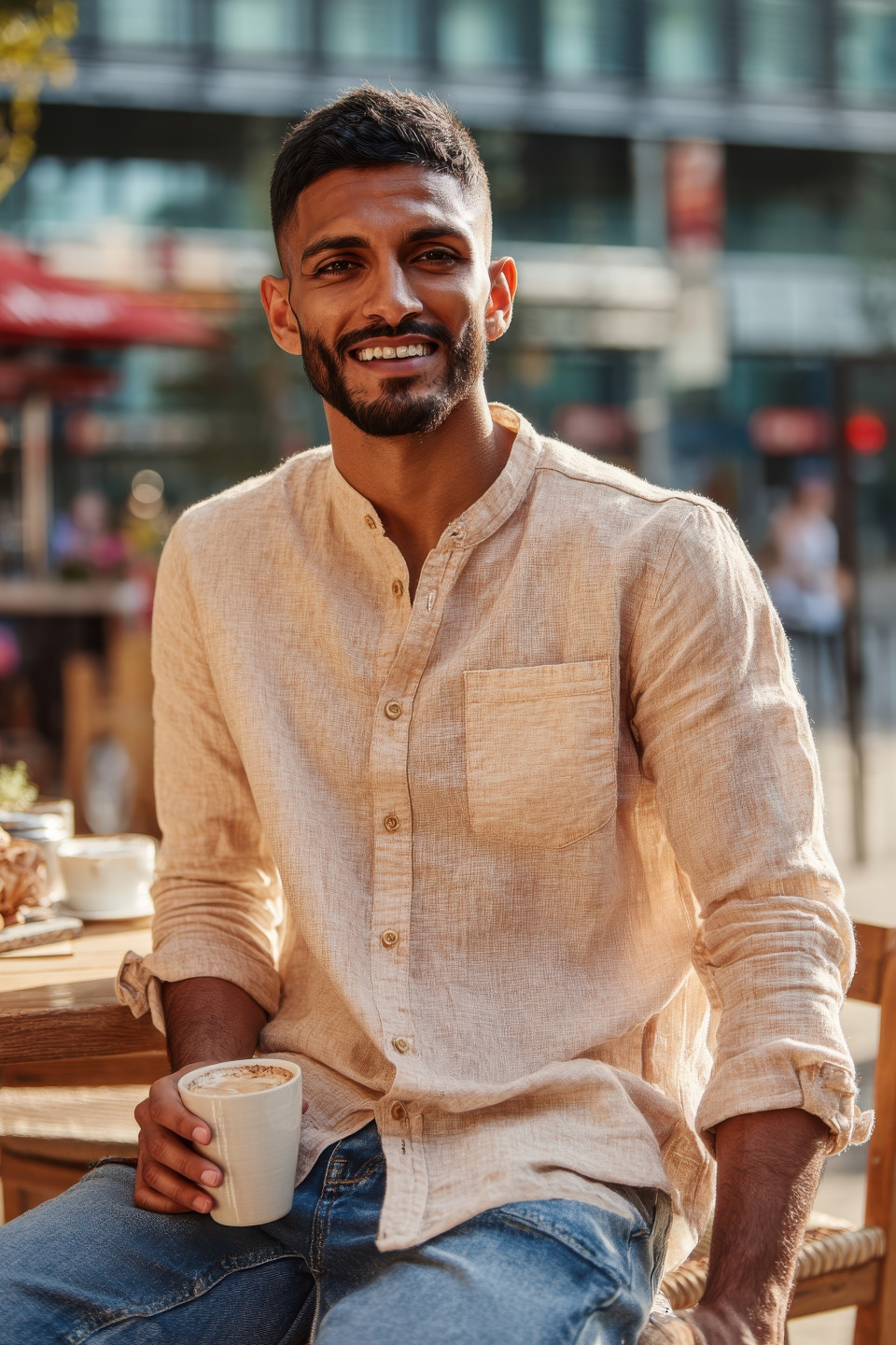 Smiling man in linen shirt sips coffee at café patio in warm daylight, urban street behind, lifestyle photography prompt, ai lifestyle image, chatgpt photo prompt
