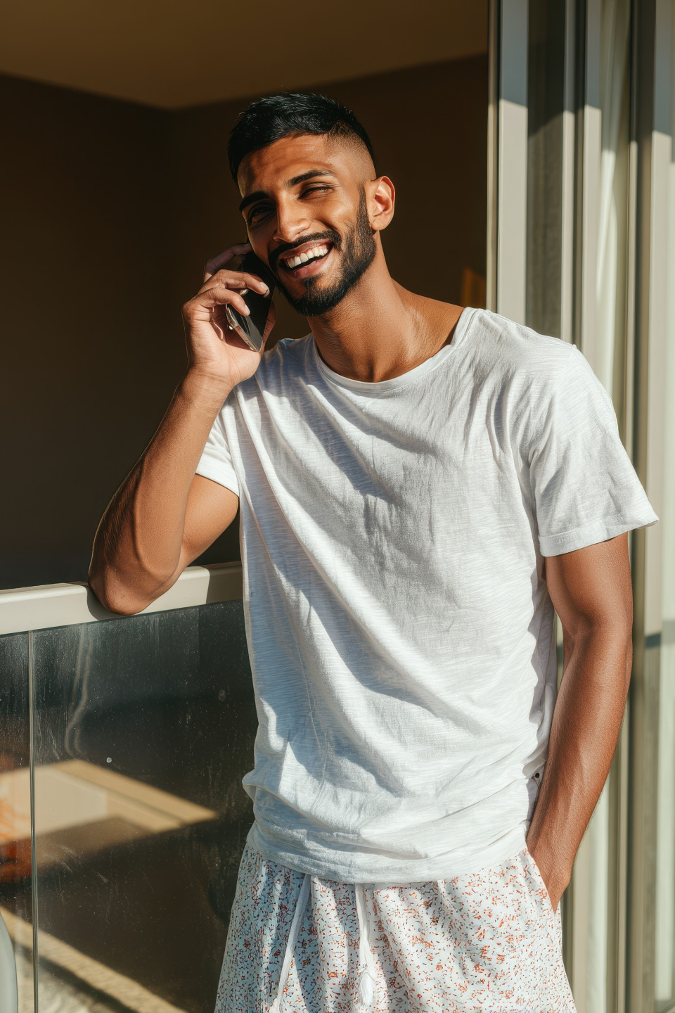 Cheerful man in t-shirt and lounge pants relaxes on balcony holding phone, home interior in background, lifestyle photography prompt, ai lifestyle image, chatgpt photo prompt