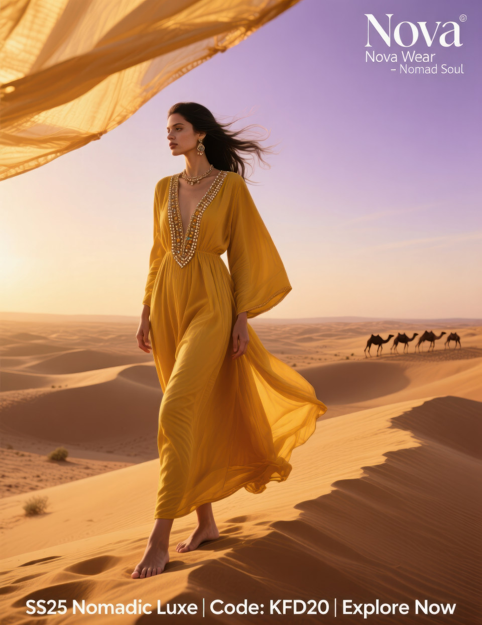 Woman in mustard kaftan walks barefoot on golden jaisalmer dunes at sunset with camel silhouettes, boho desert style clothing brands chat gpt prompts