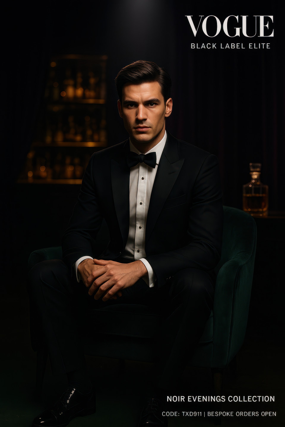 Man in black tuxedo with satin lapel sitting in emerald velvet chair under spotlight in luxury lounge bar, evening elegance, clothing brands chat gpt prompts