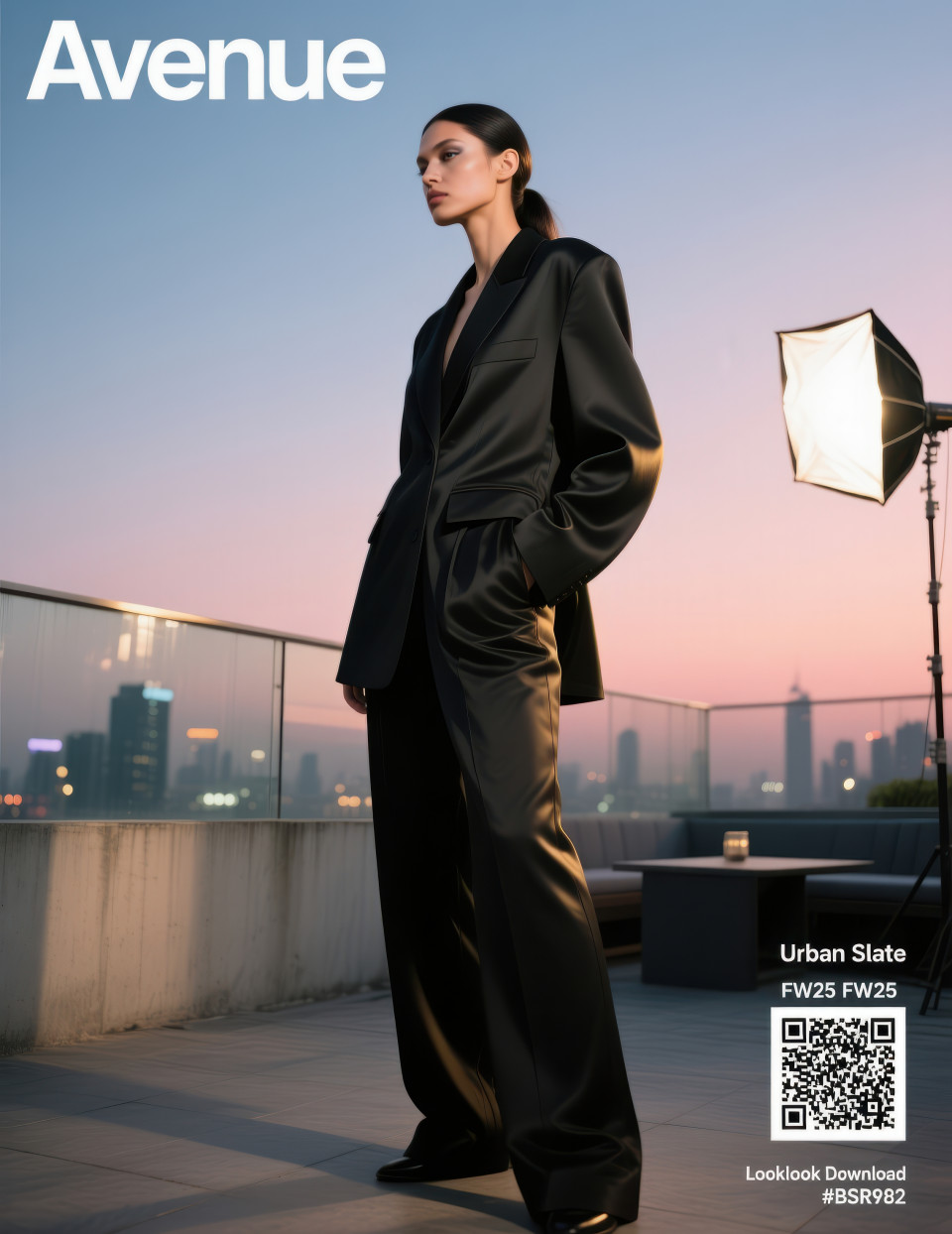 Woman in matte black blazer and trousers on rooftop lounge at twilight golden hour, modern streetwear style with city lights, clothing brands chat gpt prompts