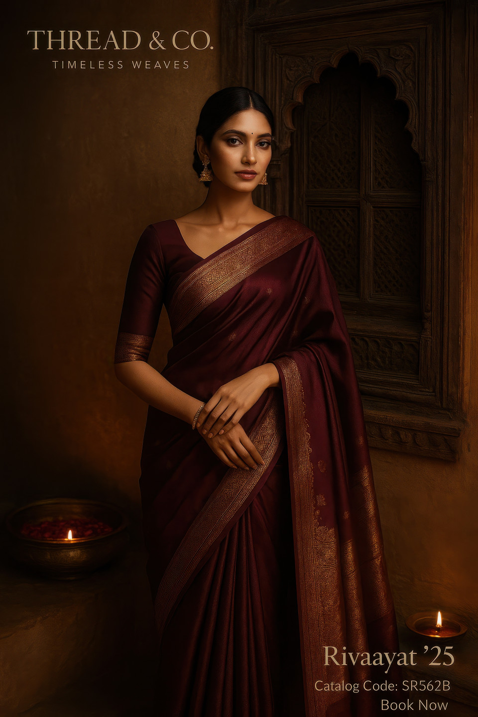 Woman in wine banarasi silk saree stands near antique jharokha window in haveli with brass lamp and rose petals, royal fashion mood clothing brands chat gpt prompts
