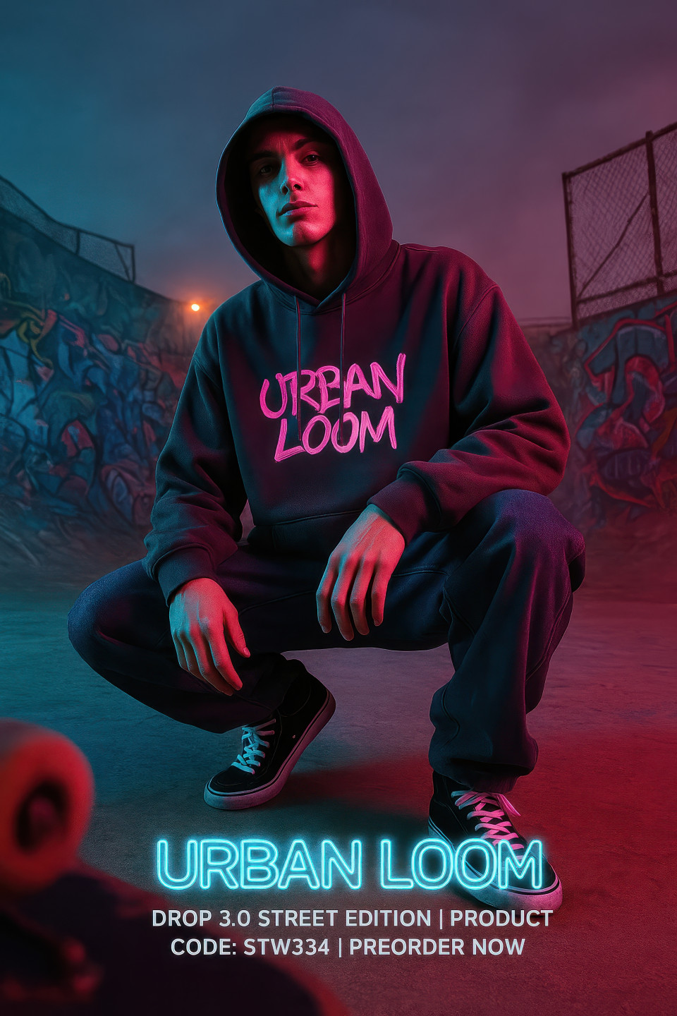 Young model in oversized hoodie and denim cargos at neon lit skatepark with graffiti walls and smoky haze, edgy urban streetwear, clothing brands chat gpt prompts