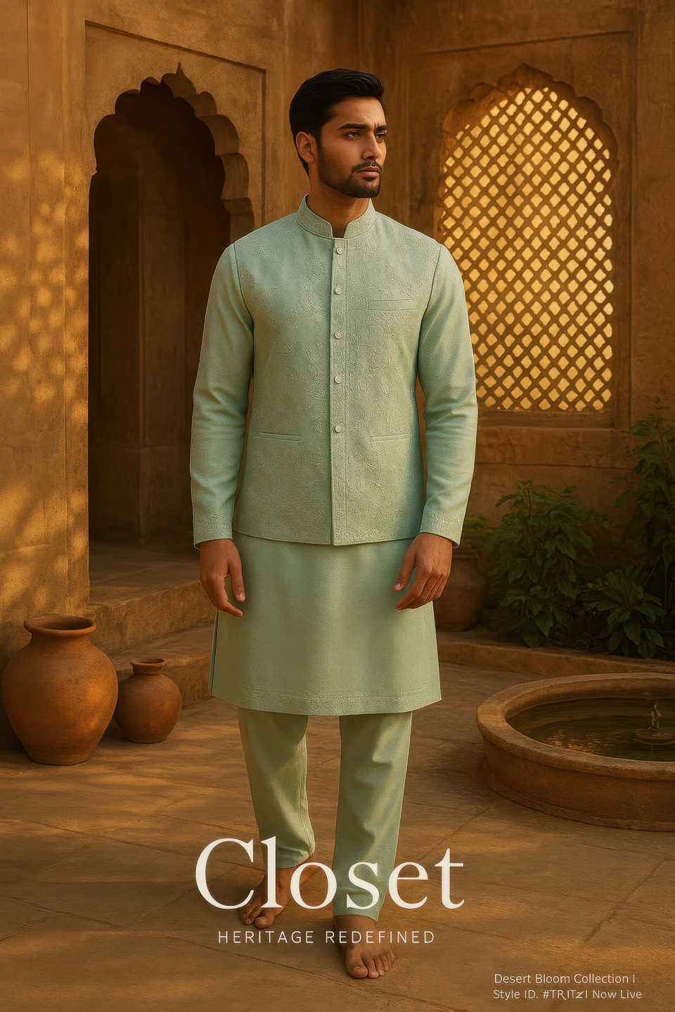 Man in pastel green embroidered kurta pajama with nehru jacket in haveli courtyard at sunrise, cultural fashion elegance, clothing brands chat gpt prompts