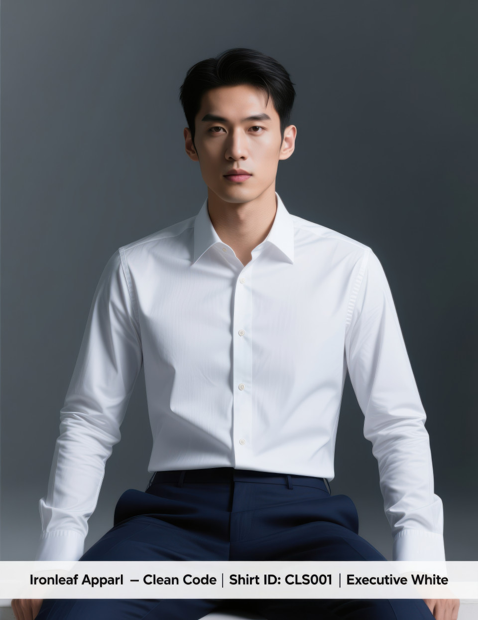 Male model in slim fit white shirt and navy trousers seated in studio with soft lighting, charcoal backdrop, modern elegance concept, clothing brands chat gpt prompts