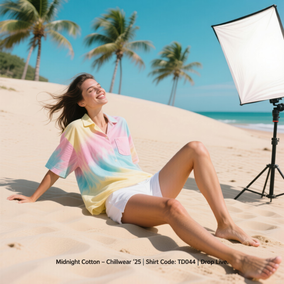 Young woman in pastel tie dye shirt and white shorts relaxing barefoot on tropical beach dune, palm trees and sunlight, summer lifestyle, clothing brands chat gpt prompts