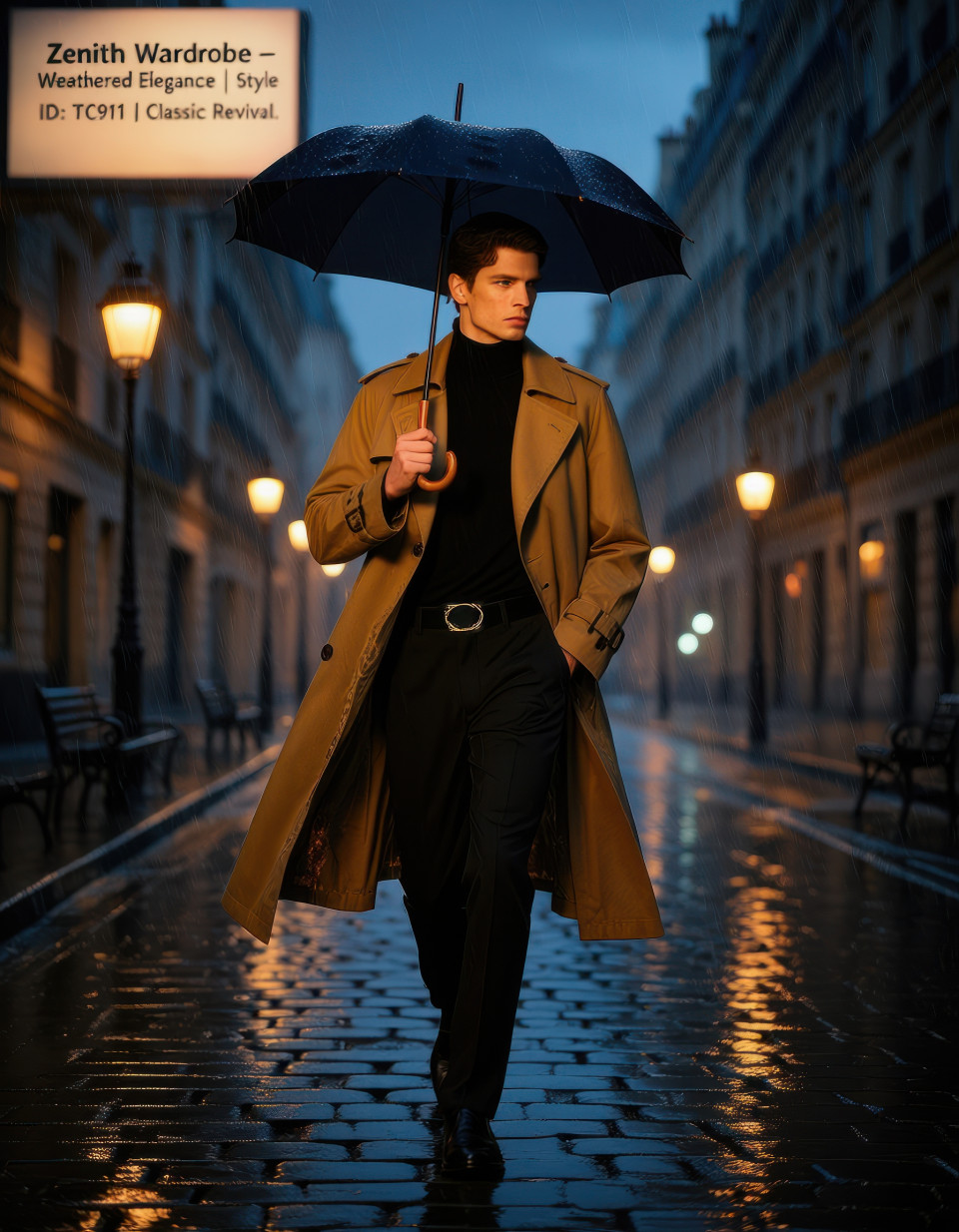Man in camel trench coat and black turtleneck walking rainy paris street at dusk with umbrella and glowing lamps, luxury fashion mood, clothing brands chat gpt prompts