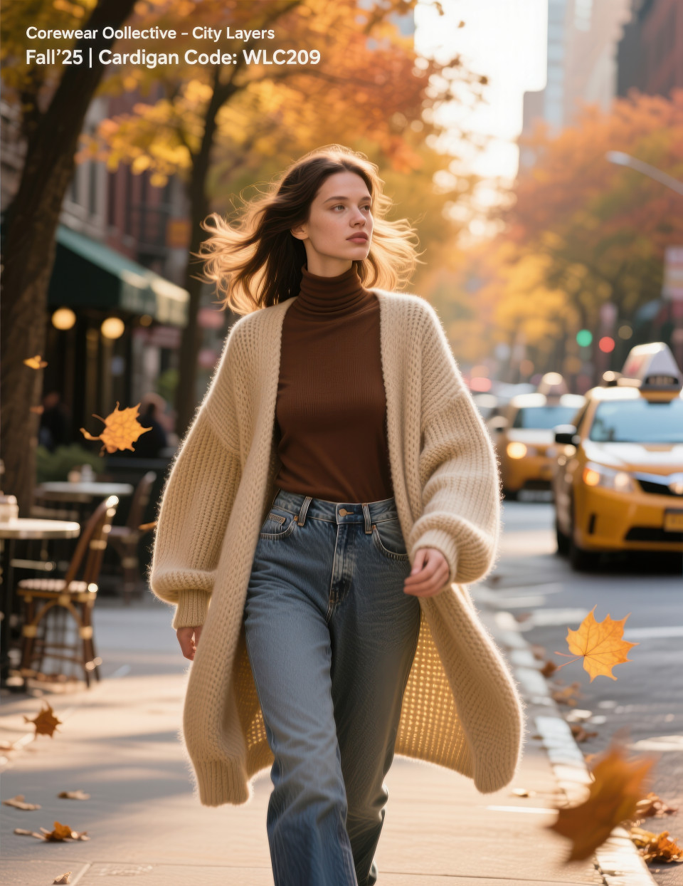 Woman in beige wool cardigan, mocha turtleneck and jeans walking new york street with autumn leaves falling, golden hour cozy style, clothing brands chat gpt prompts