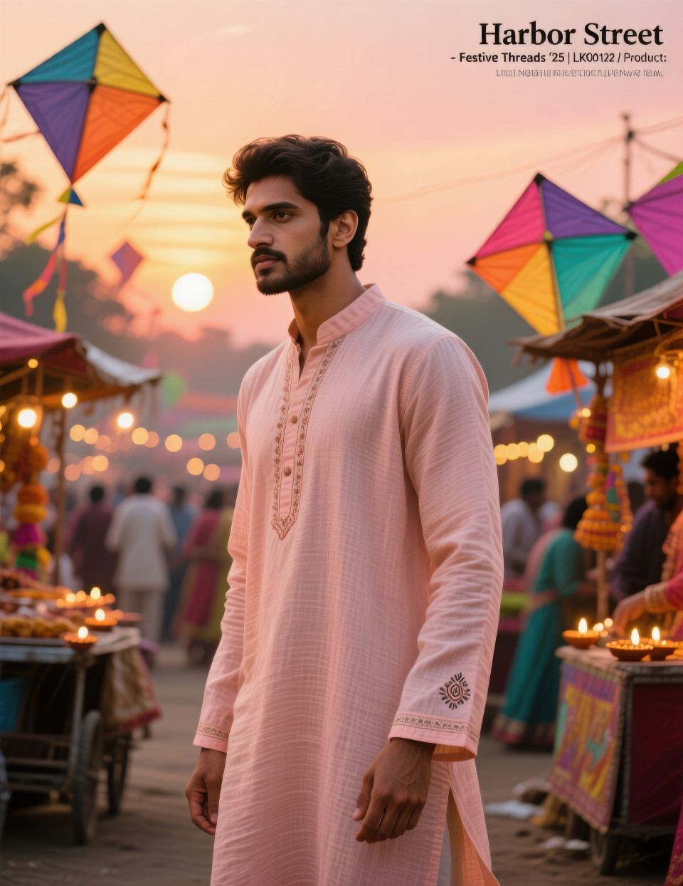 Man in pastel peach linen kurta standing at festive mela at sunset with glowing lights, cultural fashion celebration, clothing brands chat gpt prompts