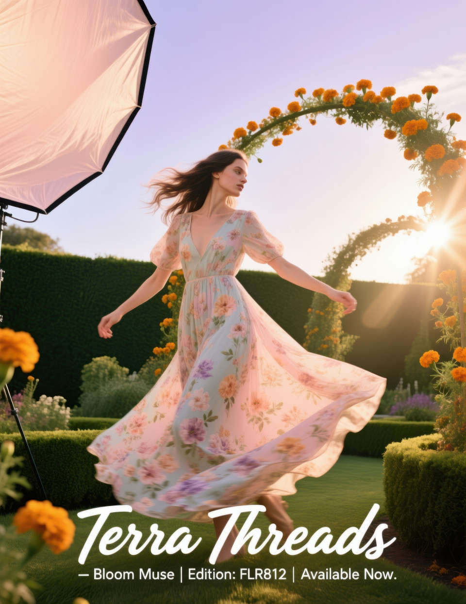 Woman in flowing floral maxi dress twirling at golden hour in garden with flowers and open sky, dreamy lifestyle fashion, clothing brands chat gpt prompts