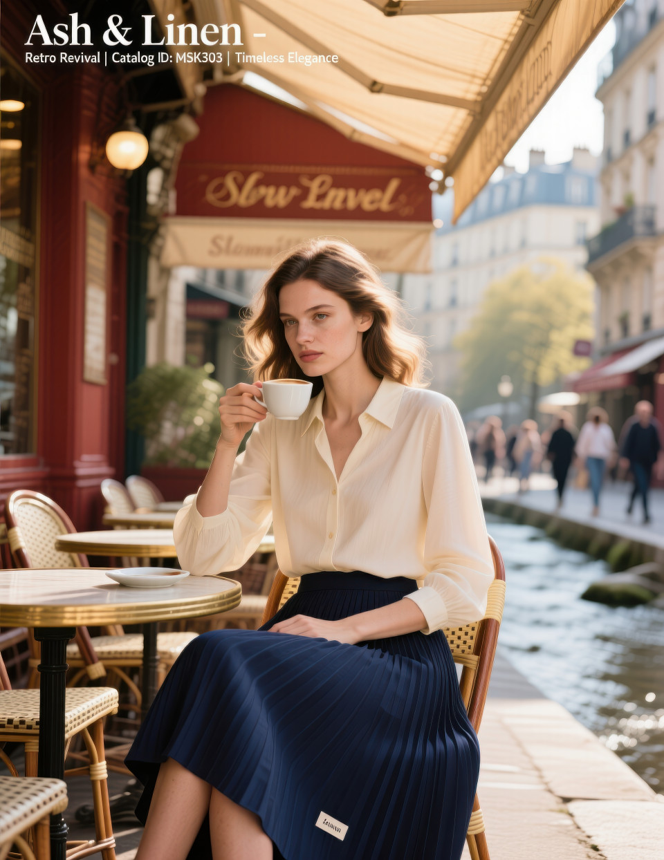 Elegant model in navy pleated skirt and cream blouse sitting at vintage café with coffee, warm sunlight glow and parisian charm, clothing brands chat gpt prompts
