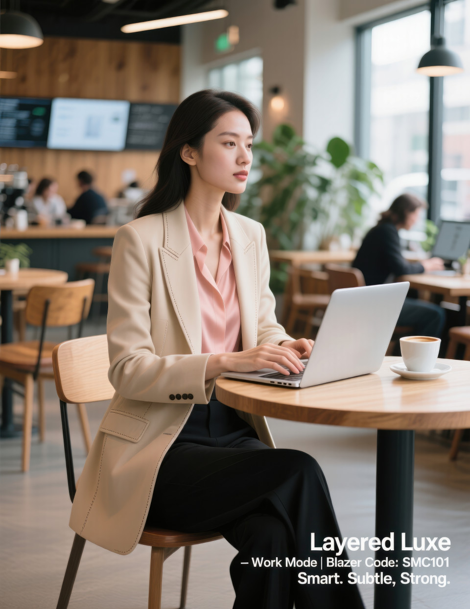 Woman in beige blazer with peach shirt and black pants works on laptop with coffee in stylish co-working café, clothing brands chat gpt prompts