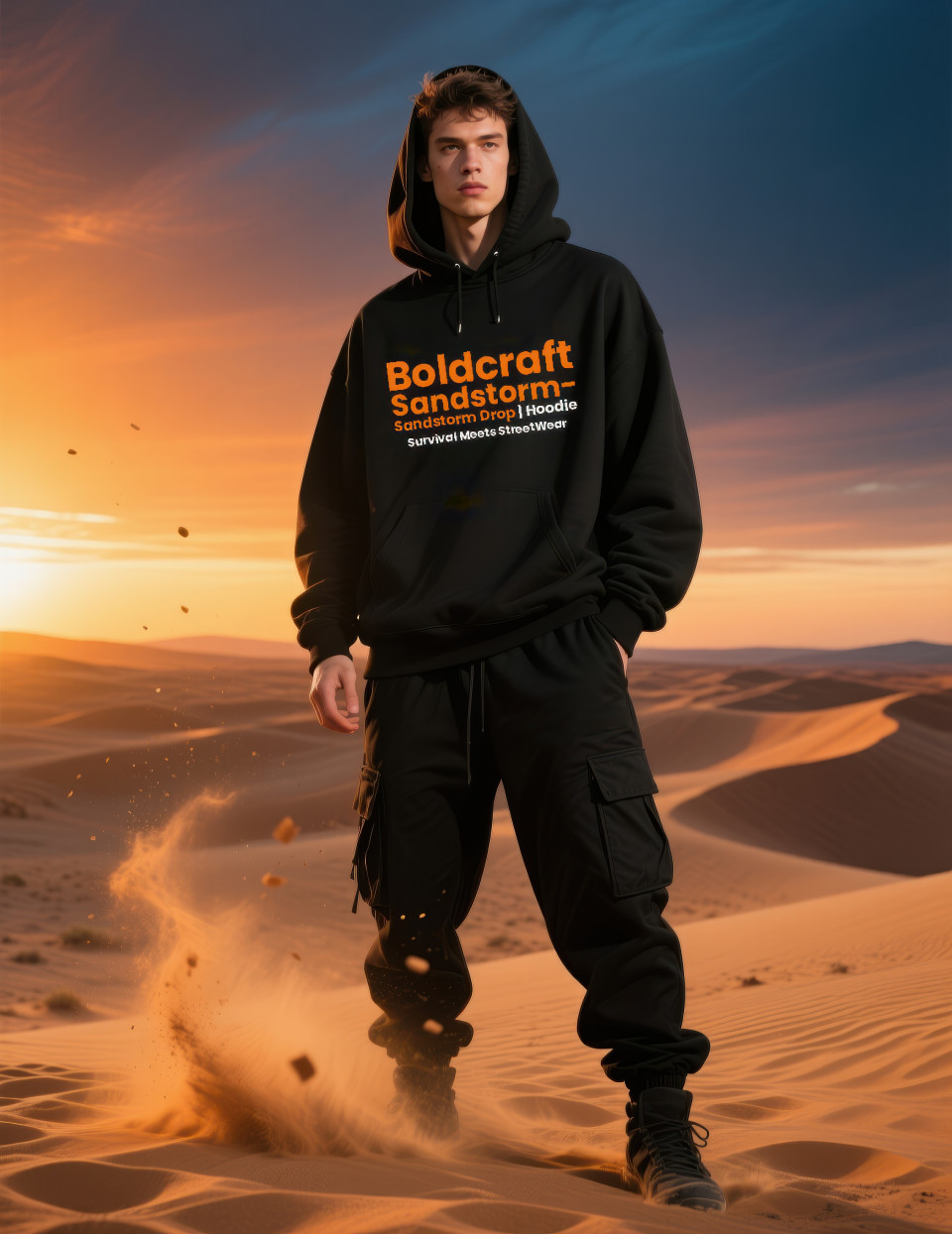Man in black hoodie and cargo joggers stands on desert dune at sunset, gritty streetwear look with clothing brands chat gpt prompts outdoor fashion