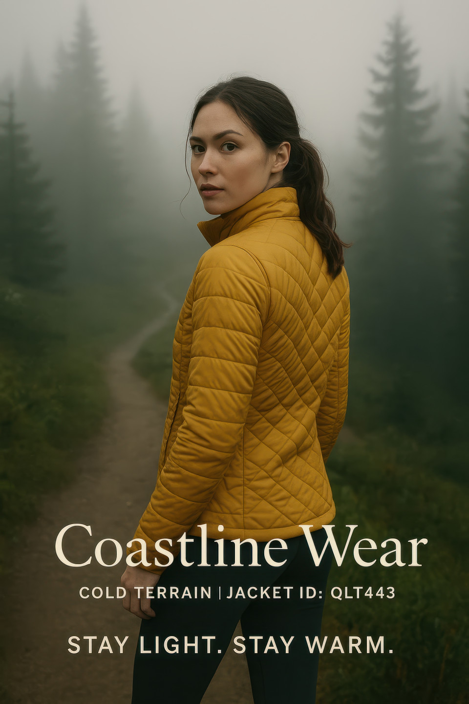 Woman in mustard quilted jacket with leggings on misty forest hill trail turning head for eye contact calm winter hike clothing brands chat gpt prompts