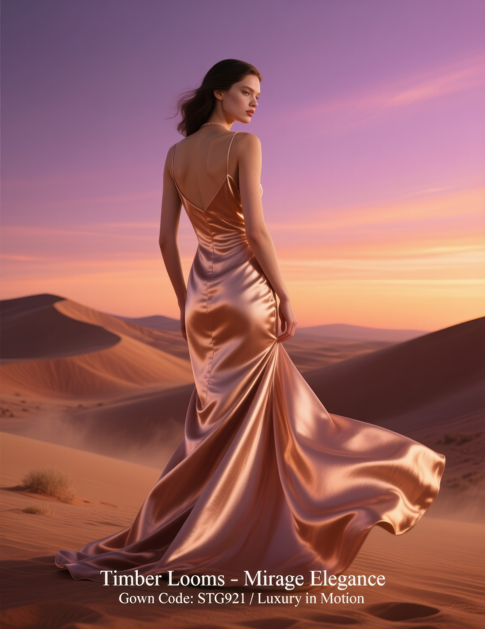 Woman in rose gold satin gown flowing in desert wind at twilight sand dunes glowing sky luxury couture motion clothing brands chat gpt prompts