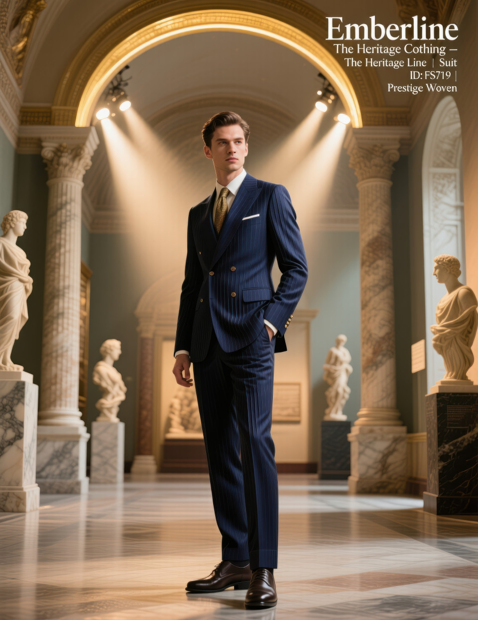 Male model in navy three piece suit posing under grand museum arches with marble columns, luxury formalwear mood, clothing brands chat gpt prompts