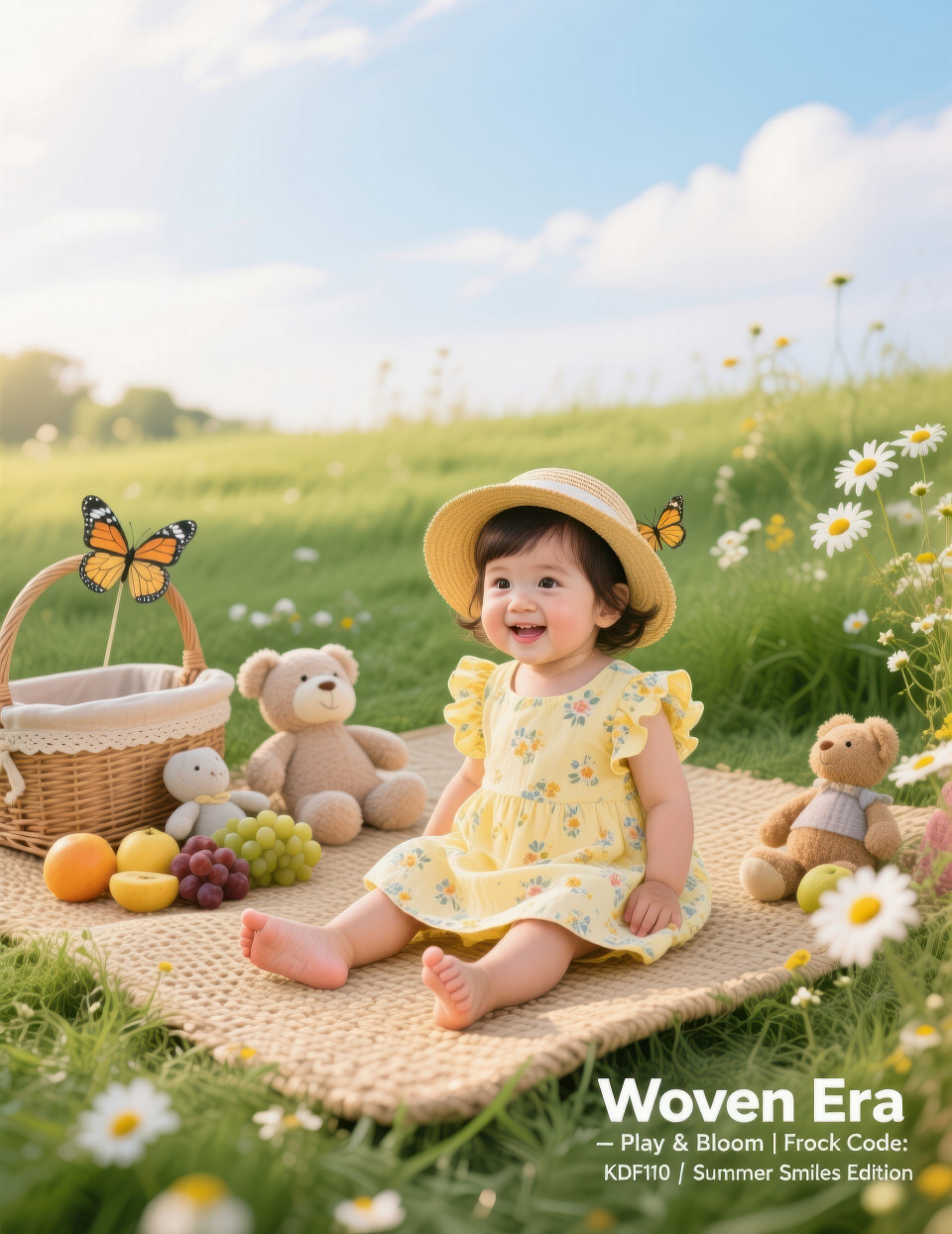 Little girl in yellow floral frock with sunhat sits on picnic mat with toys and fruits on green grass under morning sky, clothing brands chat gpt prompts