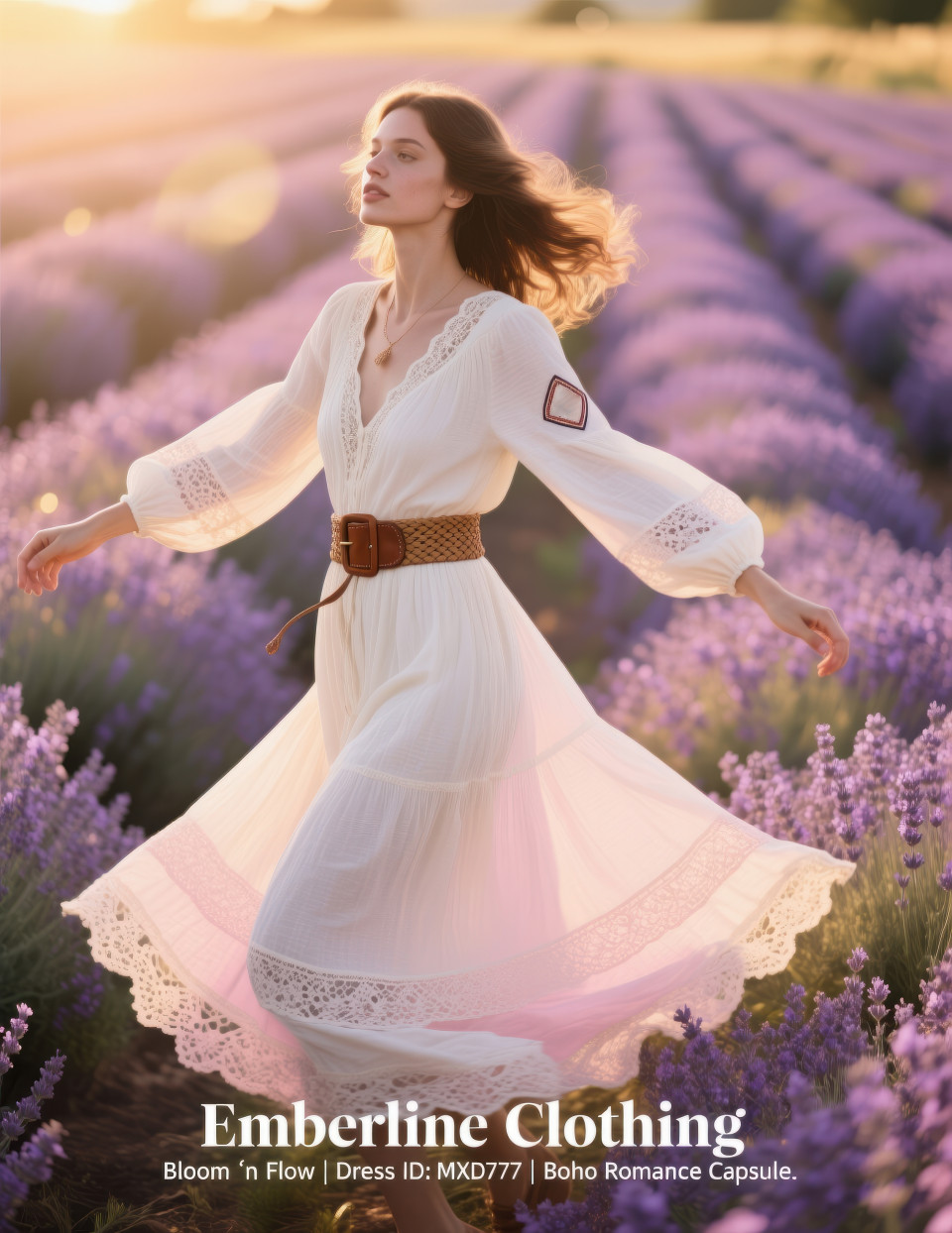 Female model twirling in flowing bohemian maxi dress with lace and bell sleeves in lavender field at sunset, dreamy outdoor style, clothing brands chat gpt prompts