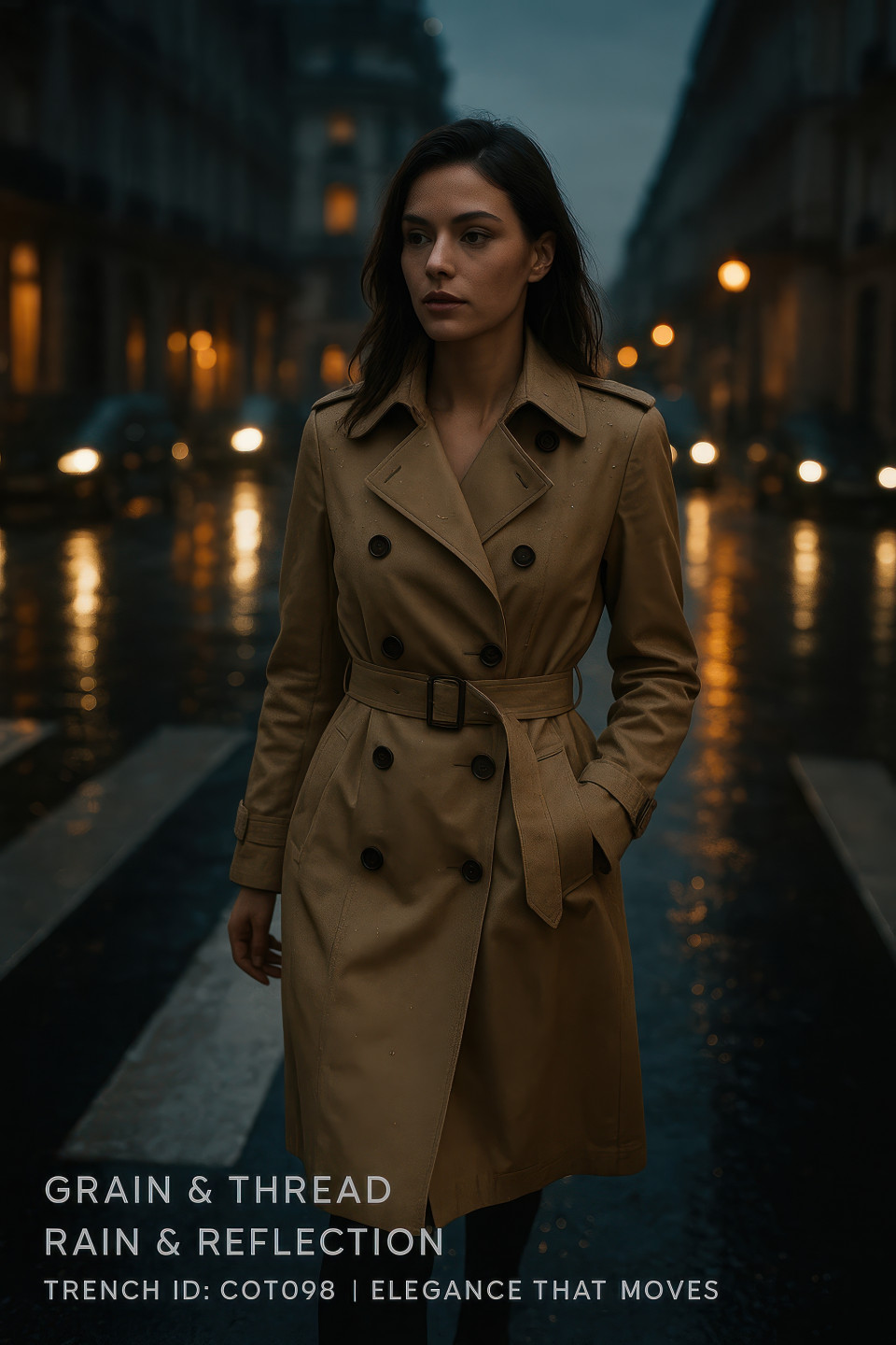Woman in beige trench coat walks across wet city crosswalk at dusk with glowing reflections and moody sky lights, clothing brands chat gpt prompts