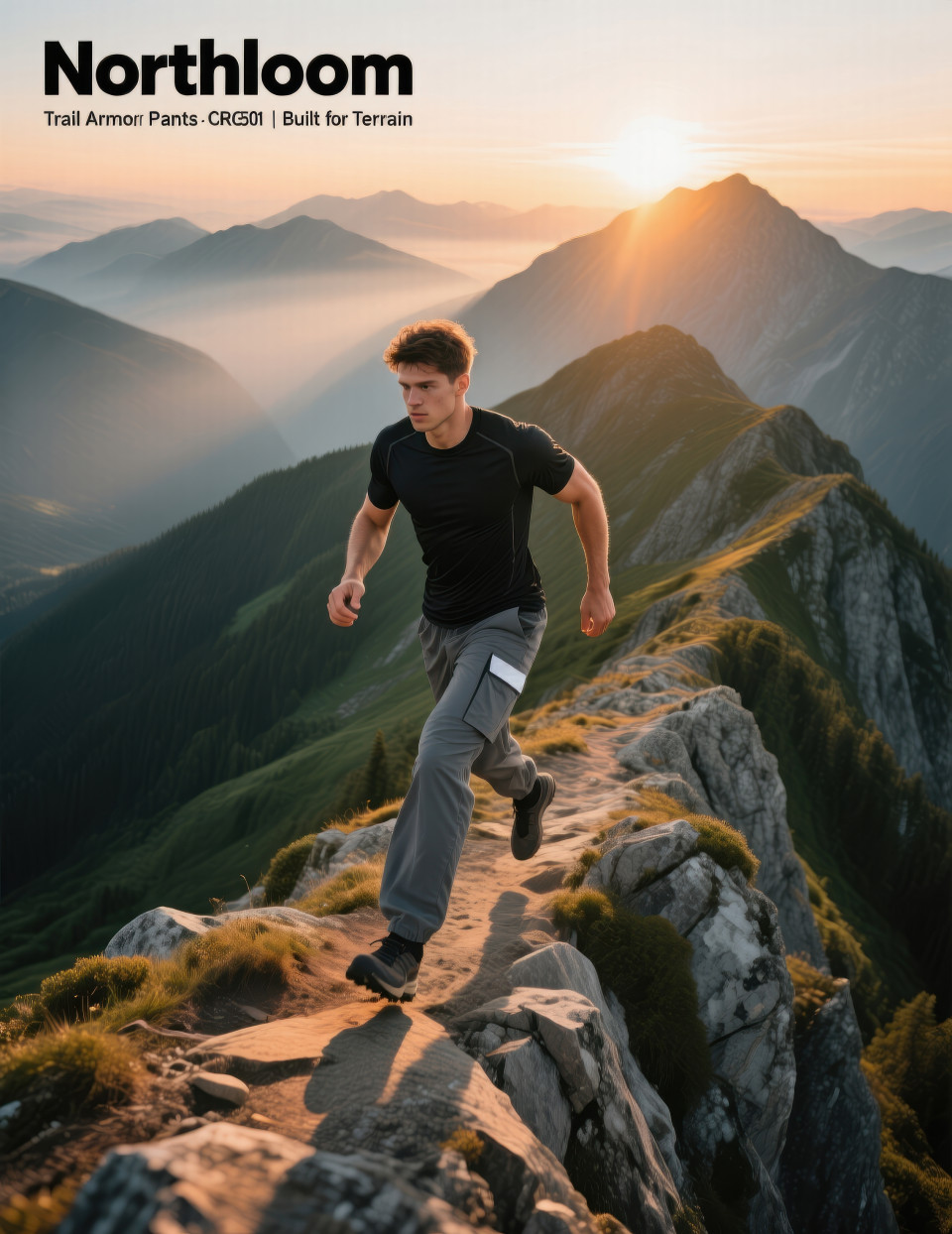 Man hiking sharp ridge in grey cargo pants and black tee at golden hour, adventurous outdoor wear with clothing brands chat gpt prompts trekking fashion