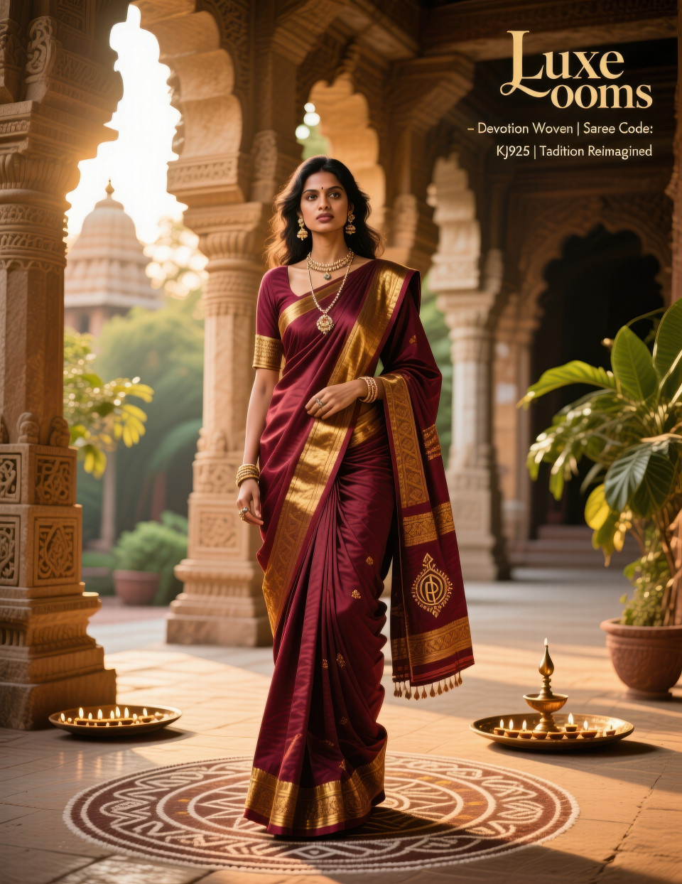 South indian woman in maroon and gold saree stands in ancient temple courtyard at sunset, cultural elegance with clothing brands chat gpt prompts heritage
