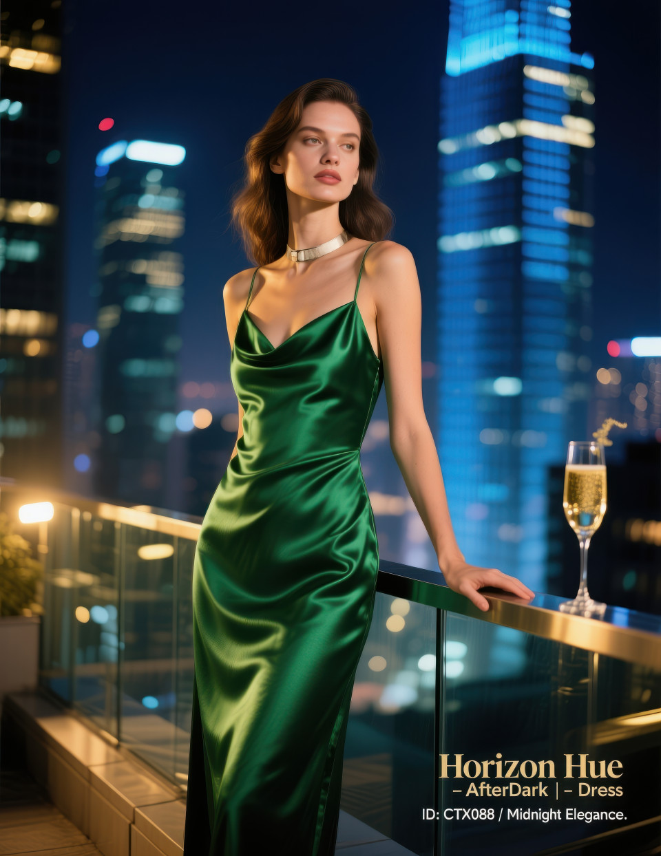Woman in emerald satin dress on rooftop at night with city lights behind, luxury evening fashion with clothing brands chat gpt prompts cocktail style