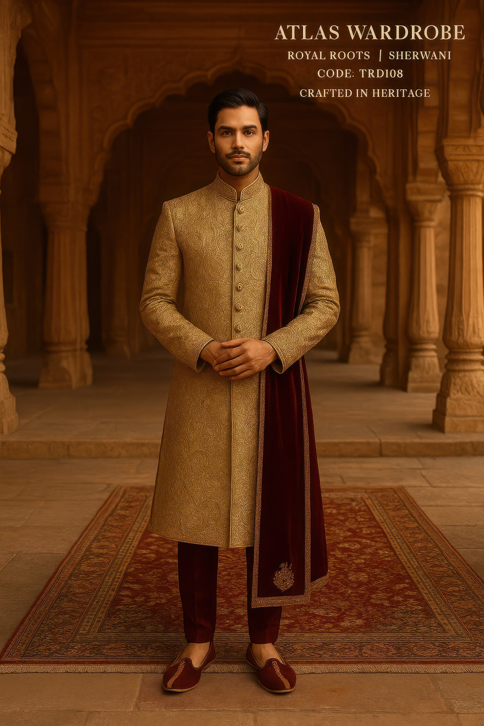 Man in golden beige sherwani with maroon stole and mojari shoes stands in ancient fort courtyard with arches and sandstone pillars, clothing brands chat gpt prompts
