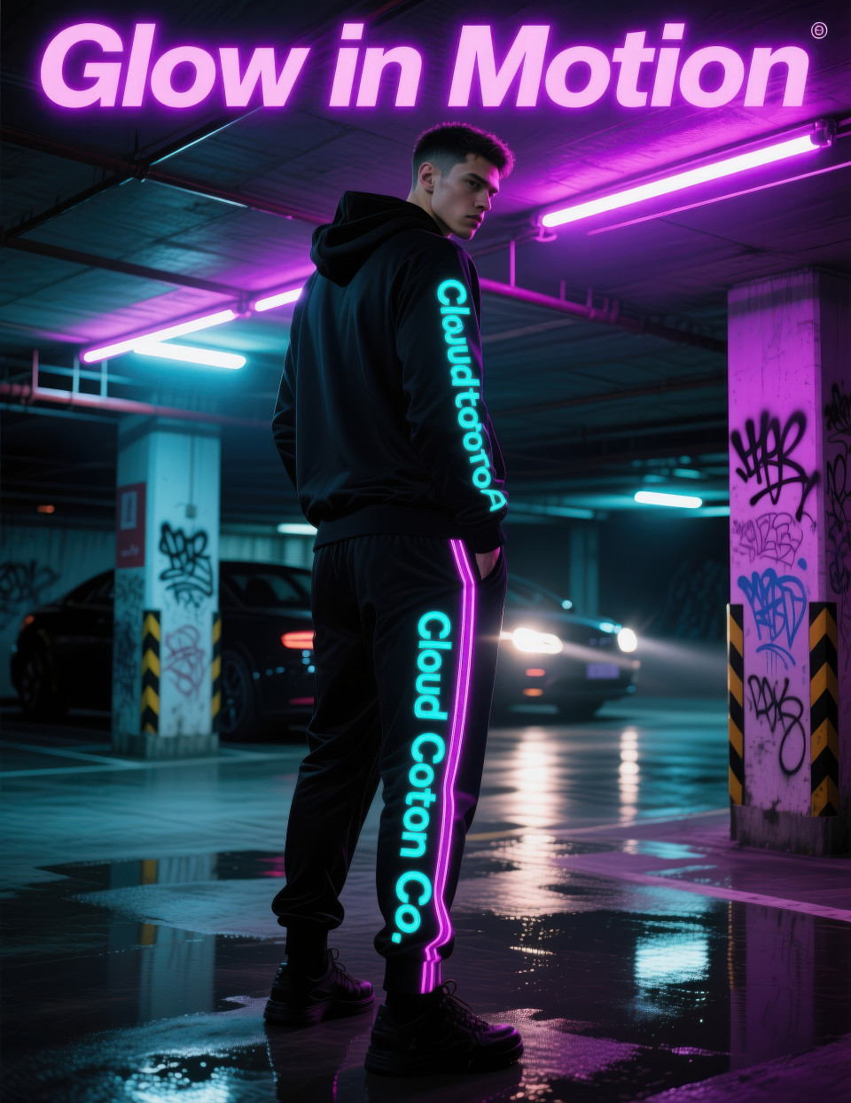 Male model in black tracksuit with neon stripes standing in underground parking garage with graffiti and neon lights, edgy streetwear look, clothing brands chat gpt prompts