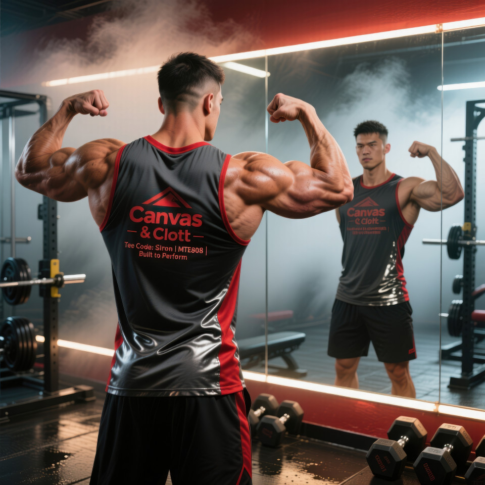 Man in sleeveless muscle tee flexing arms at gym mirror with fog light weight racks and workout gear intense training mood clothing brands chat gpt prompts
