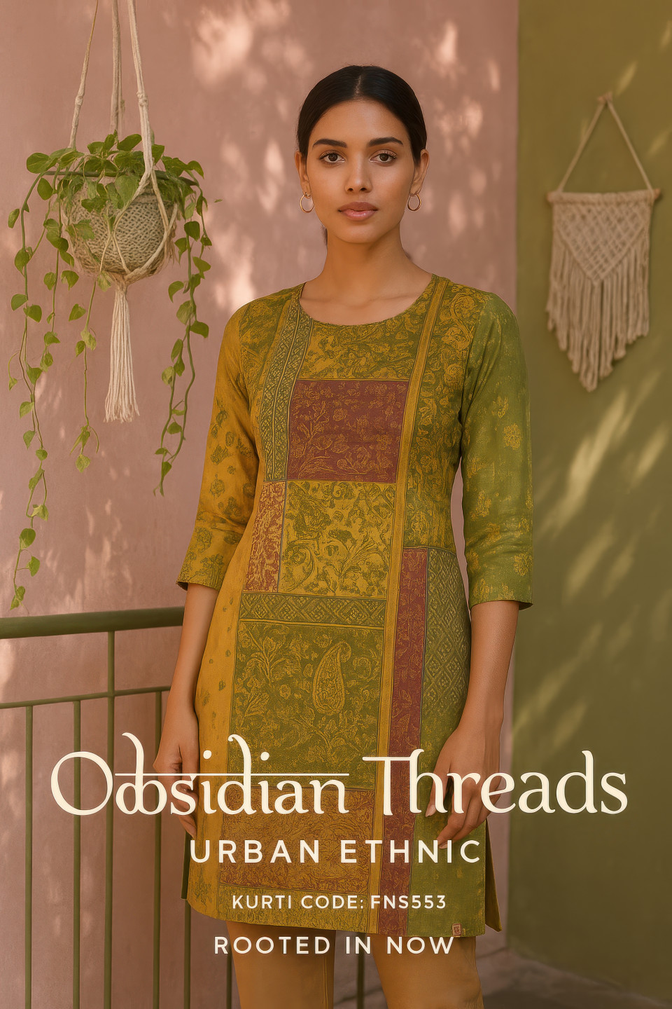 Young woman in printed fusion kurti with cigarette pants standing on pastel balcony with plants relaxed urban ethnic style clothing brands chat gpt prompts