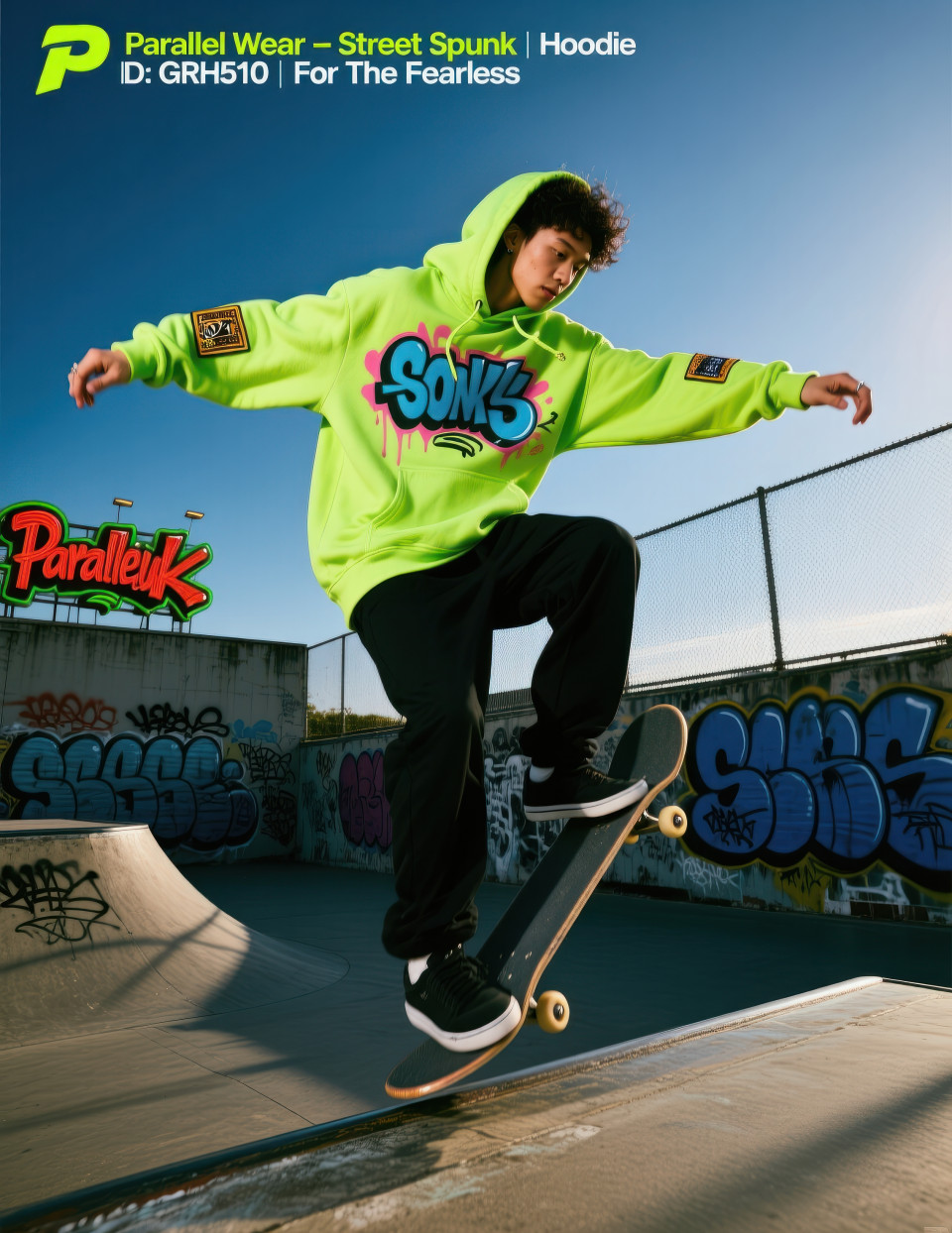 Young man in neon lime hoodie with graffiti prints jumping mid air on skateboard at gritty skatepark bold street style clothing brands chat gpt prompts
