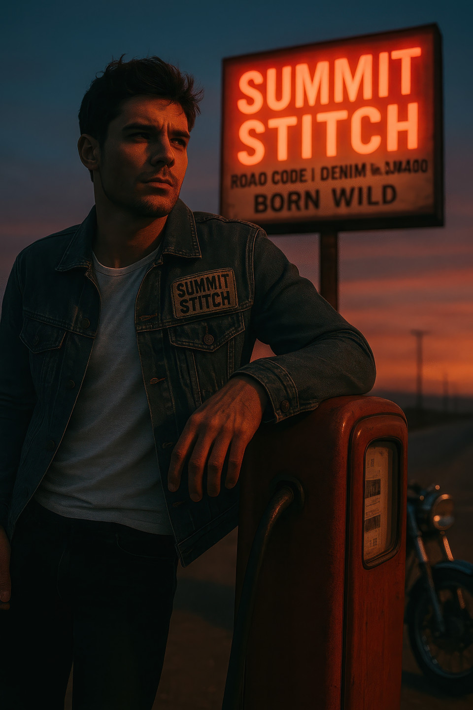 Male model in rugged denim jacket over white tee and black jeans leaning on vintage gas pump at dusk, old highway backdrop, rebellious vibe, clothing brands chat gpt prompts