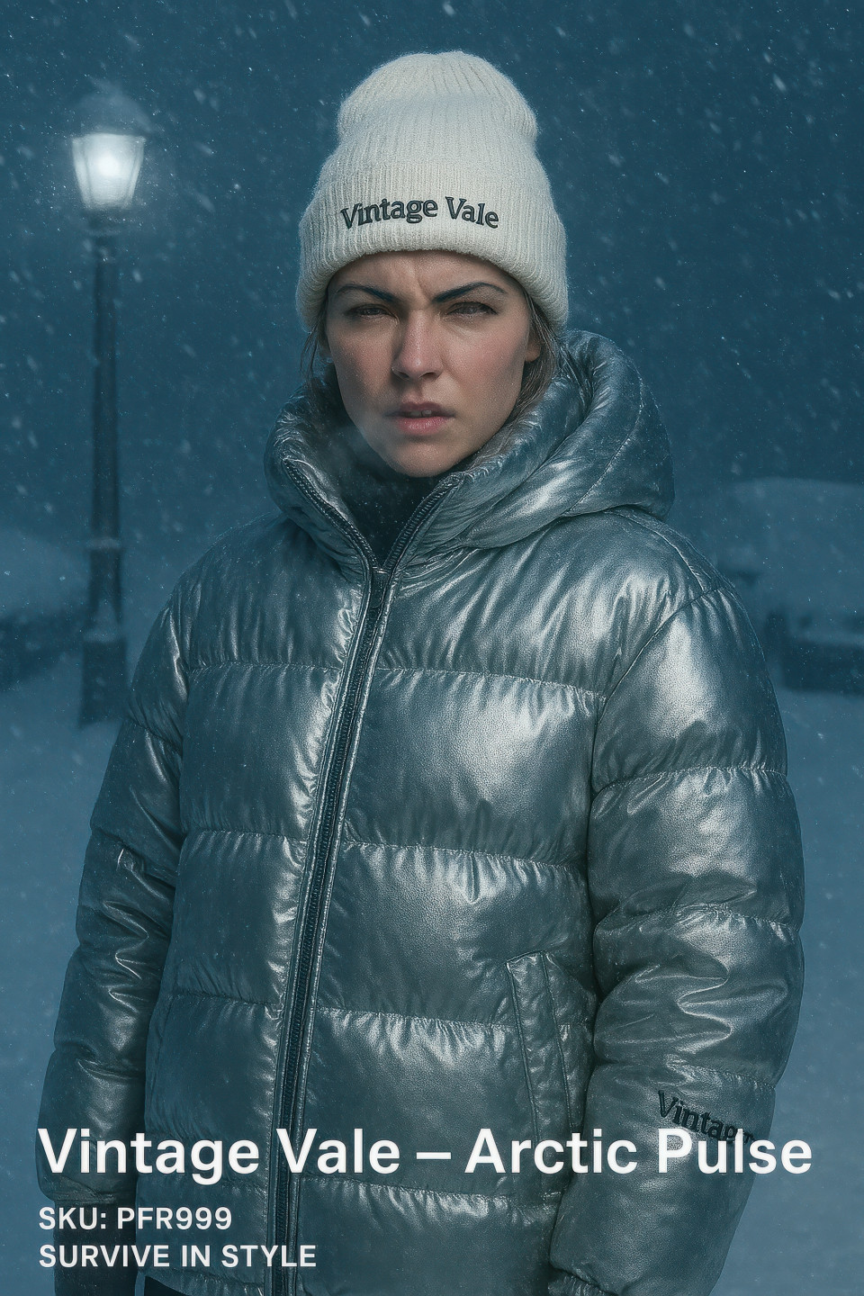 Female model in silver puffer jacket and cream beanie standing in snowstorm with frosty breath and icy backdrop, winter fashion theme, clothing brands chat gpt prompts