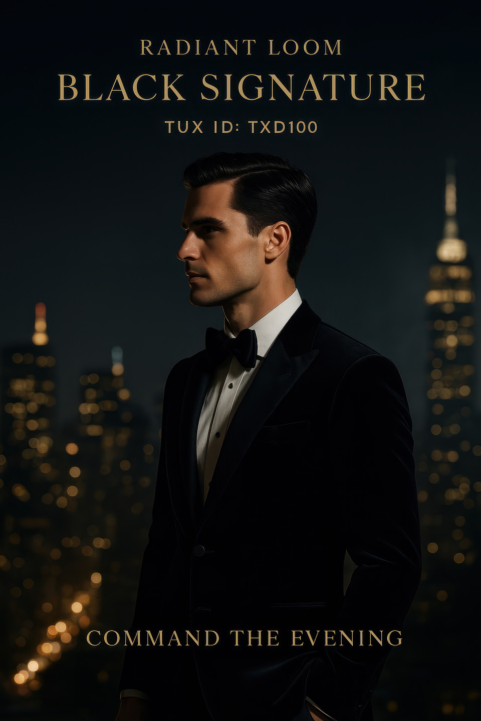 Male model in velvet tuxedo on rooftop with glowing city skyline at night, sharp lights and fog creating elite style, clothing brands chat gpt prompts