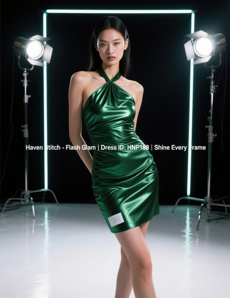 Female model in emerald metallic mini dress posing in dark photo studio with neon edge lights, high fashion party wear, clothing brands chat gpt prompts