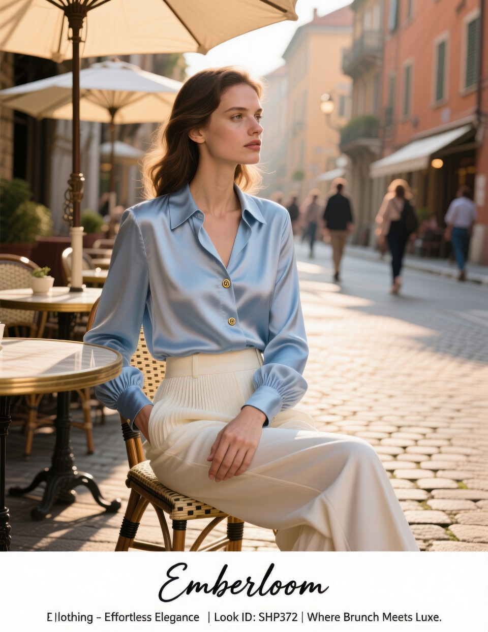 Female model in blue silk shirt and ivory trousers at european café patio, golden sunlight on fabric, chic spring lifestyle fashion, clothing brands chat gpt prompts