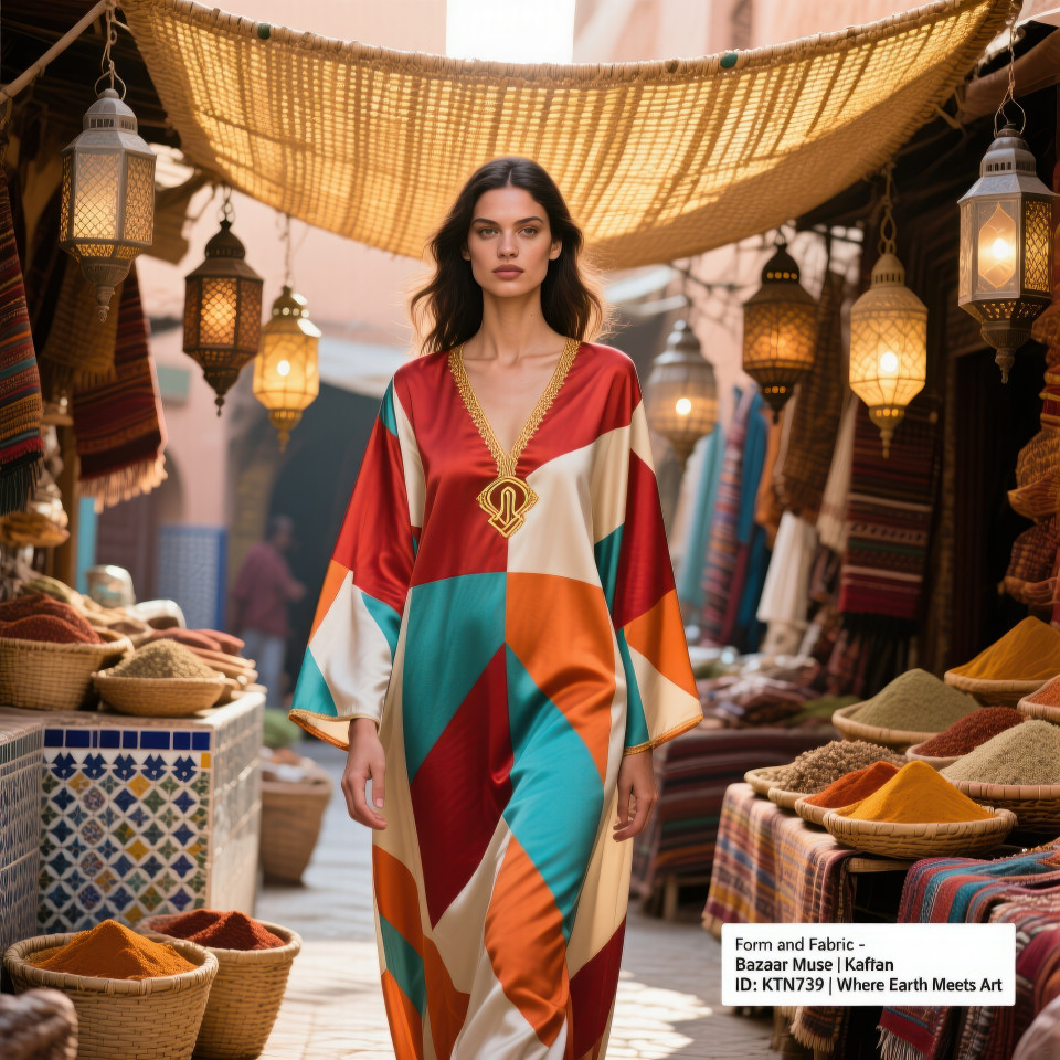 Female model in silk kaftan with geometric print standing under canopy in moroccan spice market, colorful lanterns and stalls, clothing brands chat gpt prompts