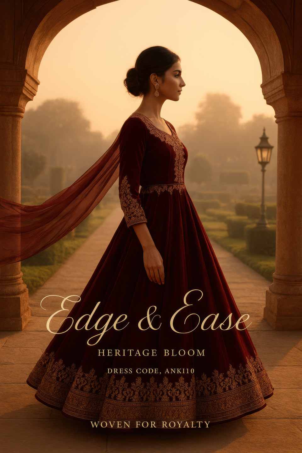 Female model in maroon velvet anarkali with gold embroidery under palace arch, golden sunrise adds regal timeless elegance, clothing brands chat gpt prompts