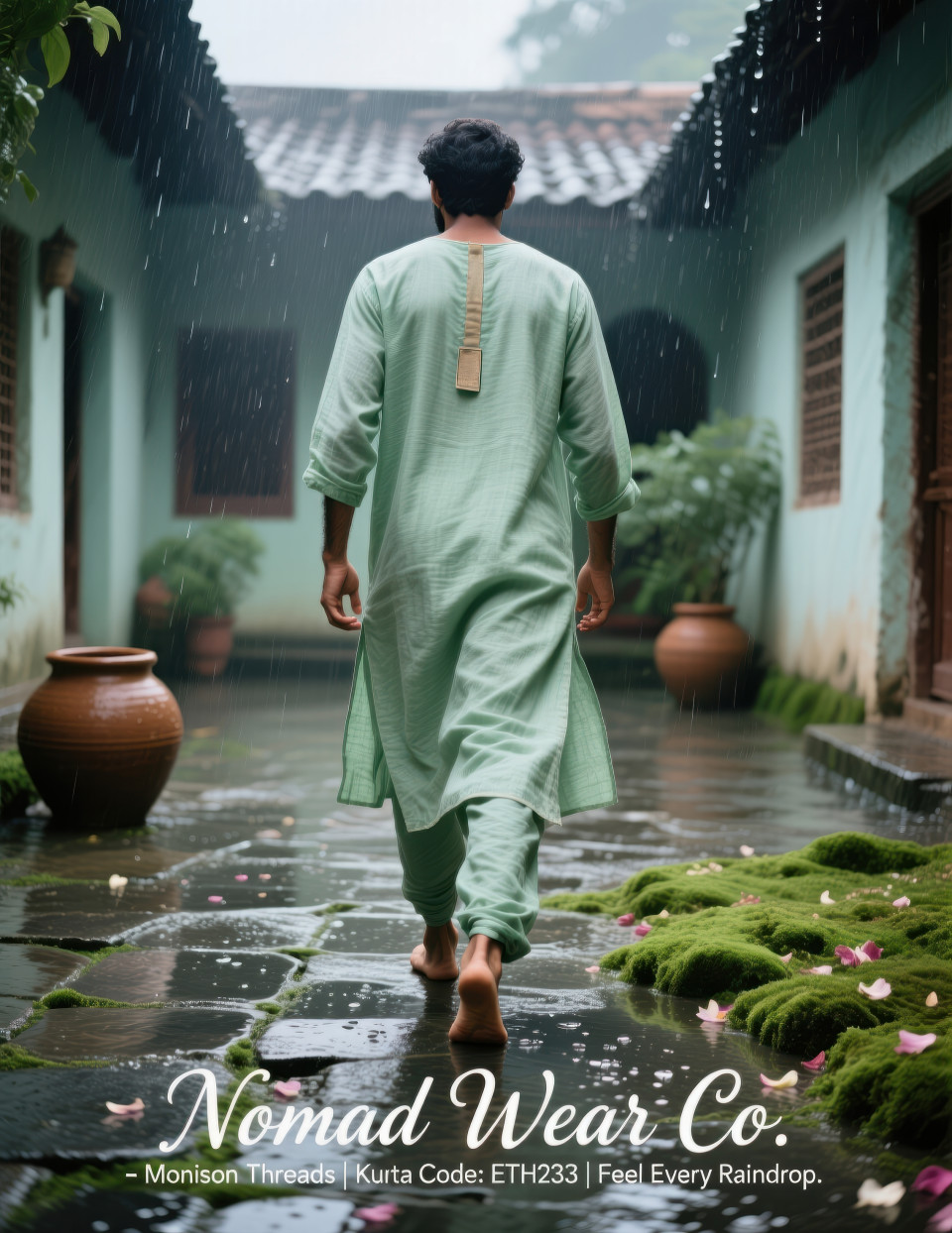 Male model in pastel green kurta pajama walking barefoot in rainy courtyard, soft light on fabric folds, poetic festive mood, clothing brands chat gpt prompts