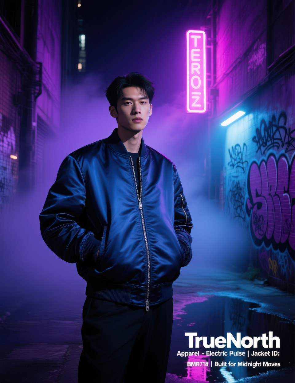Male model in metallic navy bomber jacket standing in neon alley at night, city mist and colorful lights create edgy style, clothing brands chat gpt prompts