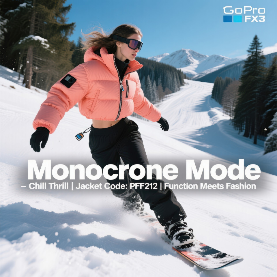 Female model in coral puffer jacket snowboarding down white mountain slope under blue sky, winter sport fashion vibe, clothing brands chat gpt prompts