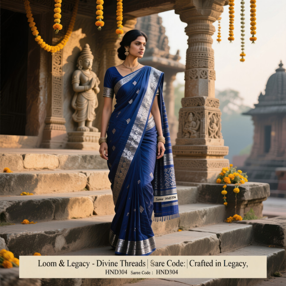 Female model in handloom indigo saree with silver details standing on temple steps at dawn, cultural ethnic couture scene, clothing brands chat gpt prompts