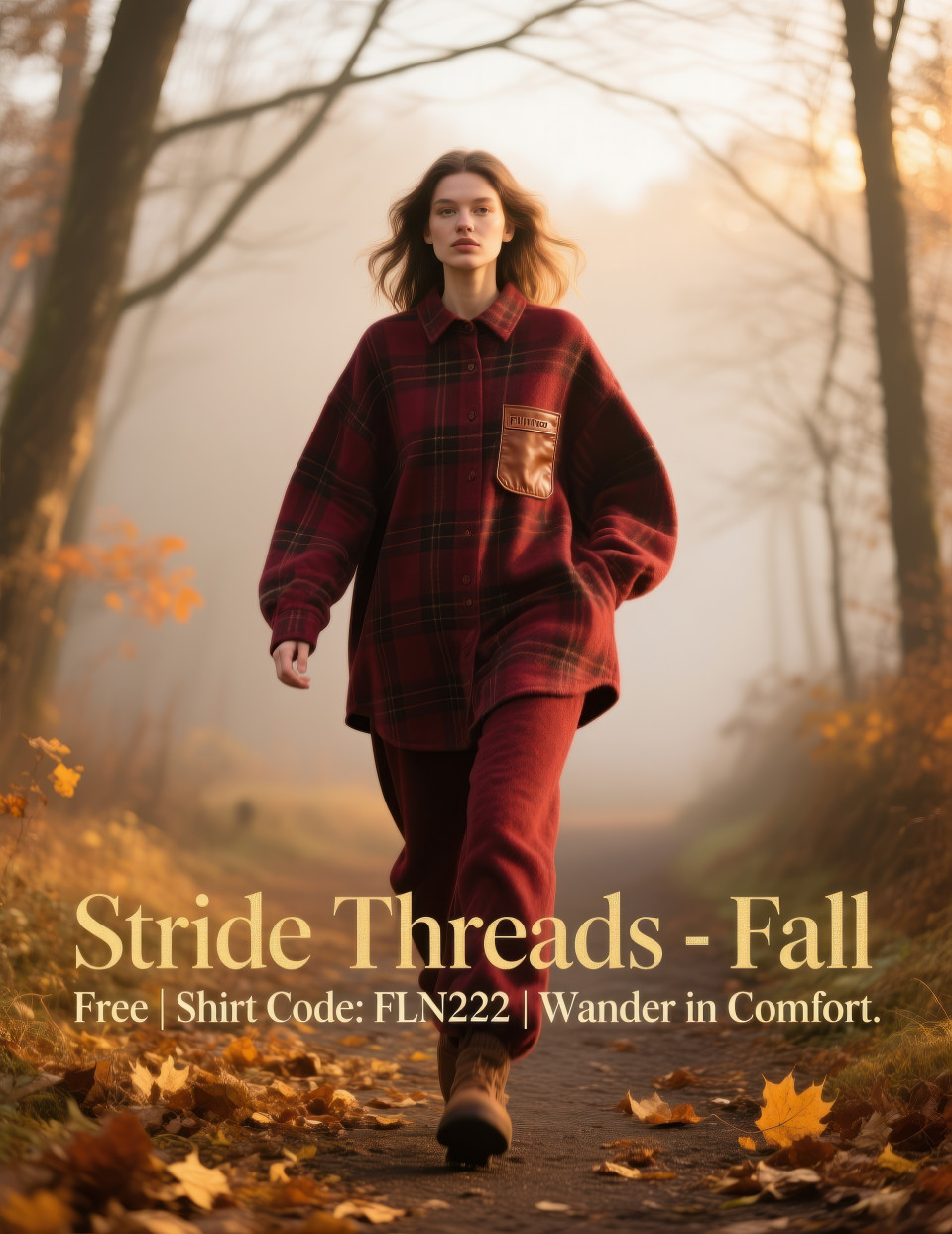 Female model in plaid flannel shirt strolling in autumn woods, dry leaves and warm sunlight glowing through trees, cozy seasonal look, clothing brands chat gpt prompts