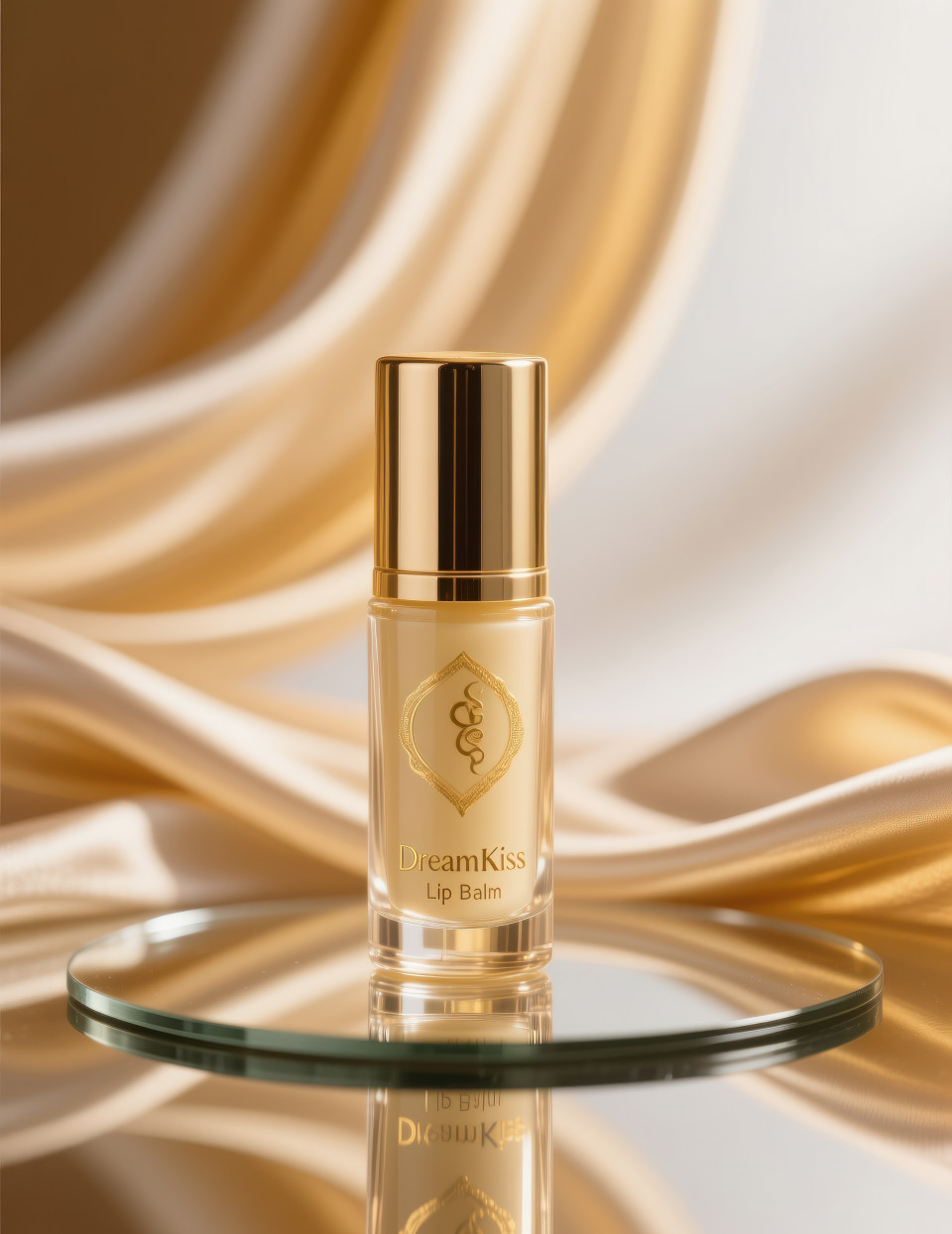 Elegant hair serum bottle on mirror base with golden silk flowing behind, warm luxury glow, smooth fluid style, cosmetic products chat gpt prompts
