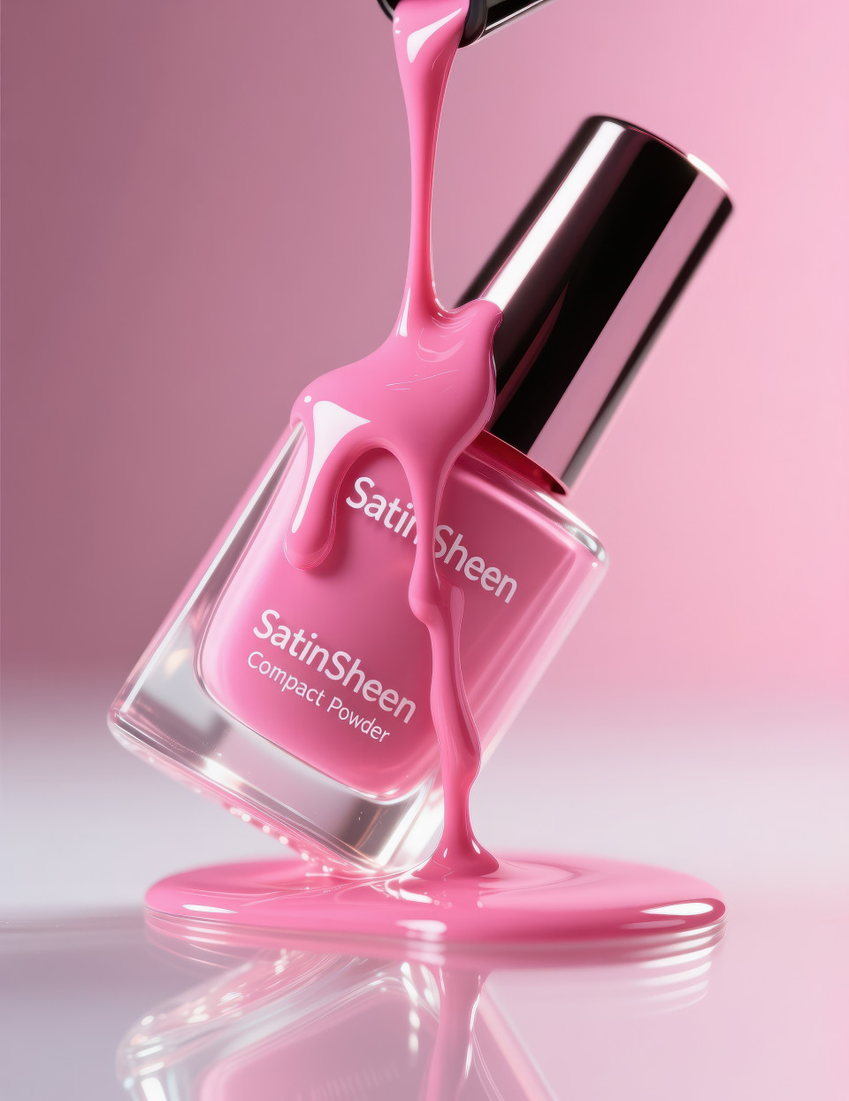 Glossy nail polish bottle tilted mid pour with pink lacquer dripping on glass, shimmering backdrop, bold fashion beauty, cosmetic products chat gpt prompts