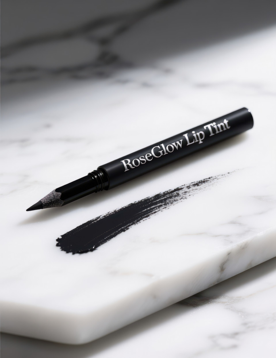 Black eyeliner pencil with sharp tip beside smooth curved stroke on marble slab, minimal modern style with fine detail, cosmetic products chat gpt prompts