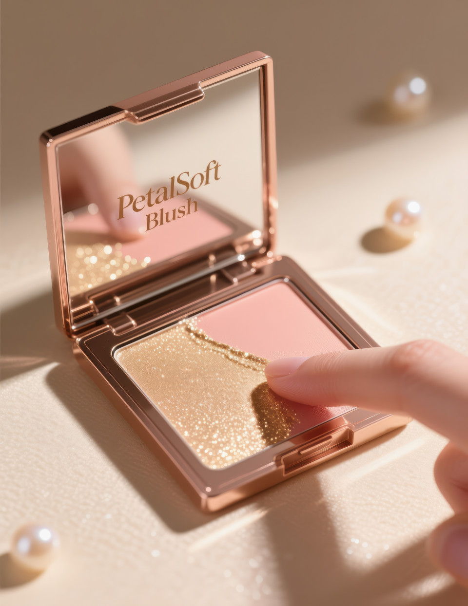 Open highlighter palette with shimmering champagne swatch on finger, radiant sparkle on soft beige backdrop, cosmetic products chat gpt prompts